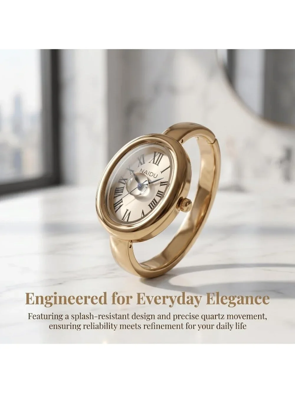 Women's Gold/White Elegant Open-Cuff Bracelet Roman Numeral Dial Wrist Watches